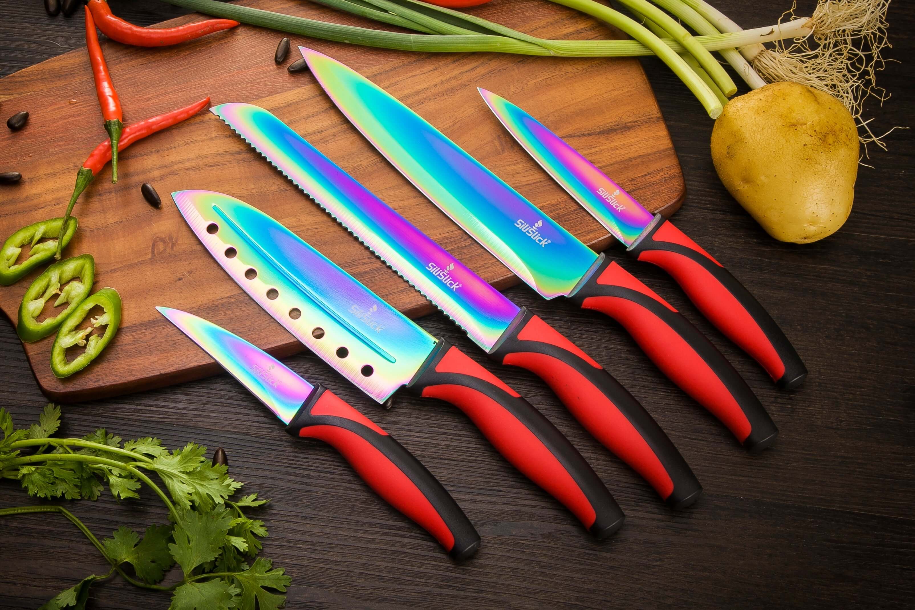 Kitchen Knife Set Kit | Red Handle & Black Magnetic Rack - Dark M1ndz
