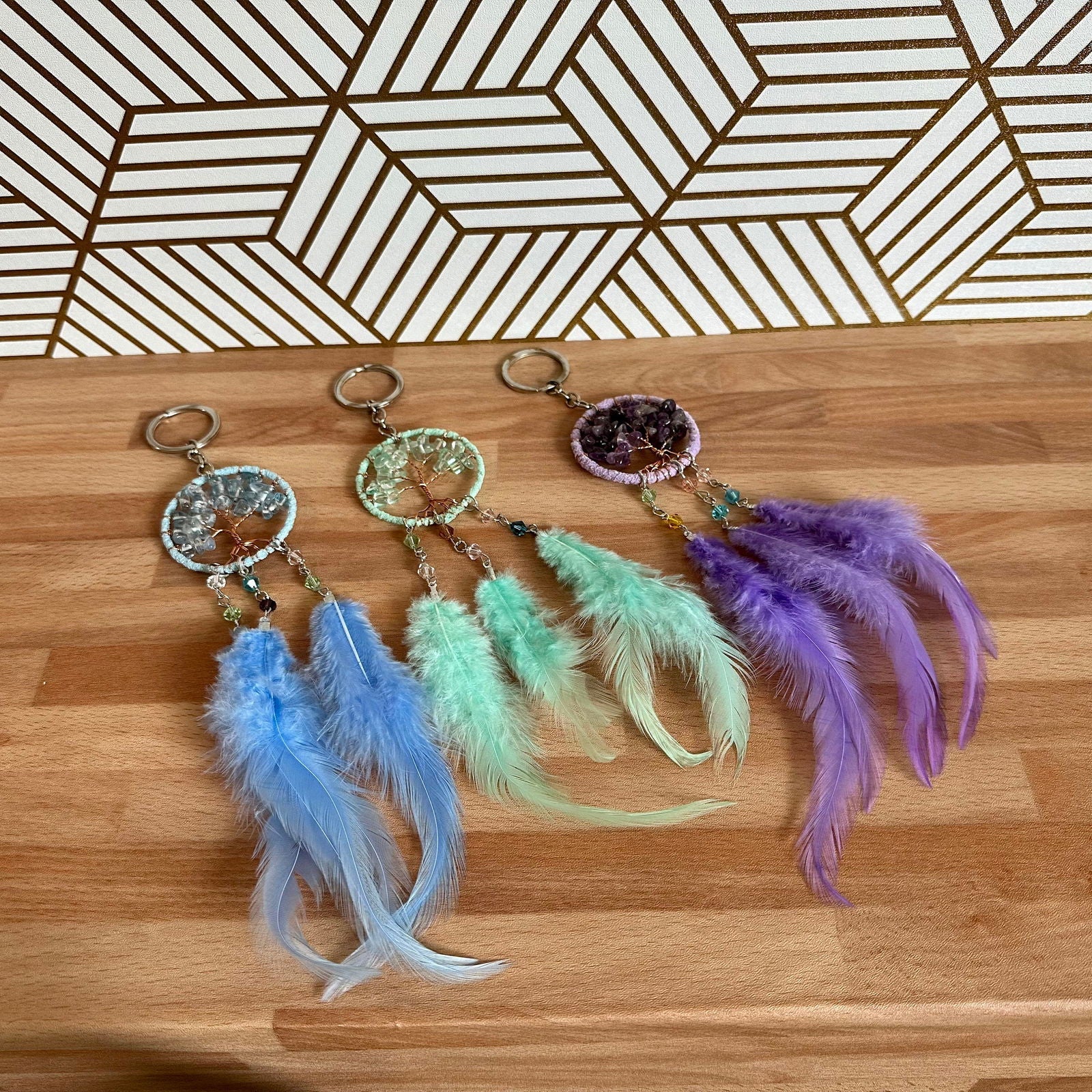 Cute Tree of Life Keychain with Natural Stones — Light Blue, Light Green, Purple - Dark M1ndz