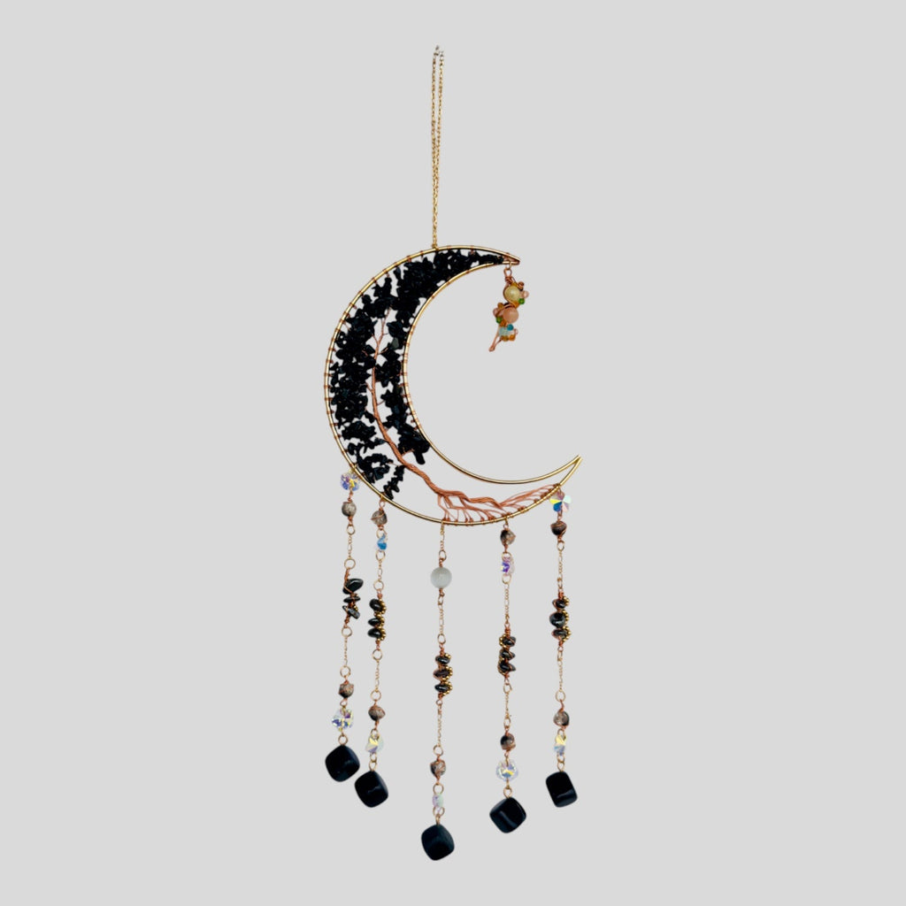 Gold Metal Crescent Moon Dreamcatcher Suncatcher with Black Obsidian Stone Tree of Life & Hanging Jewel Charms - Dark M1ndz