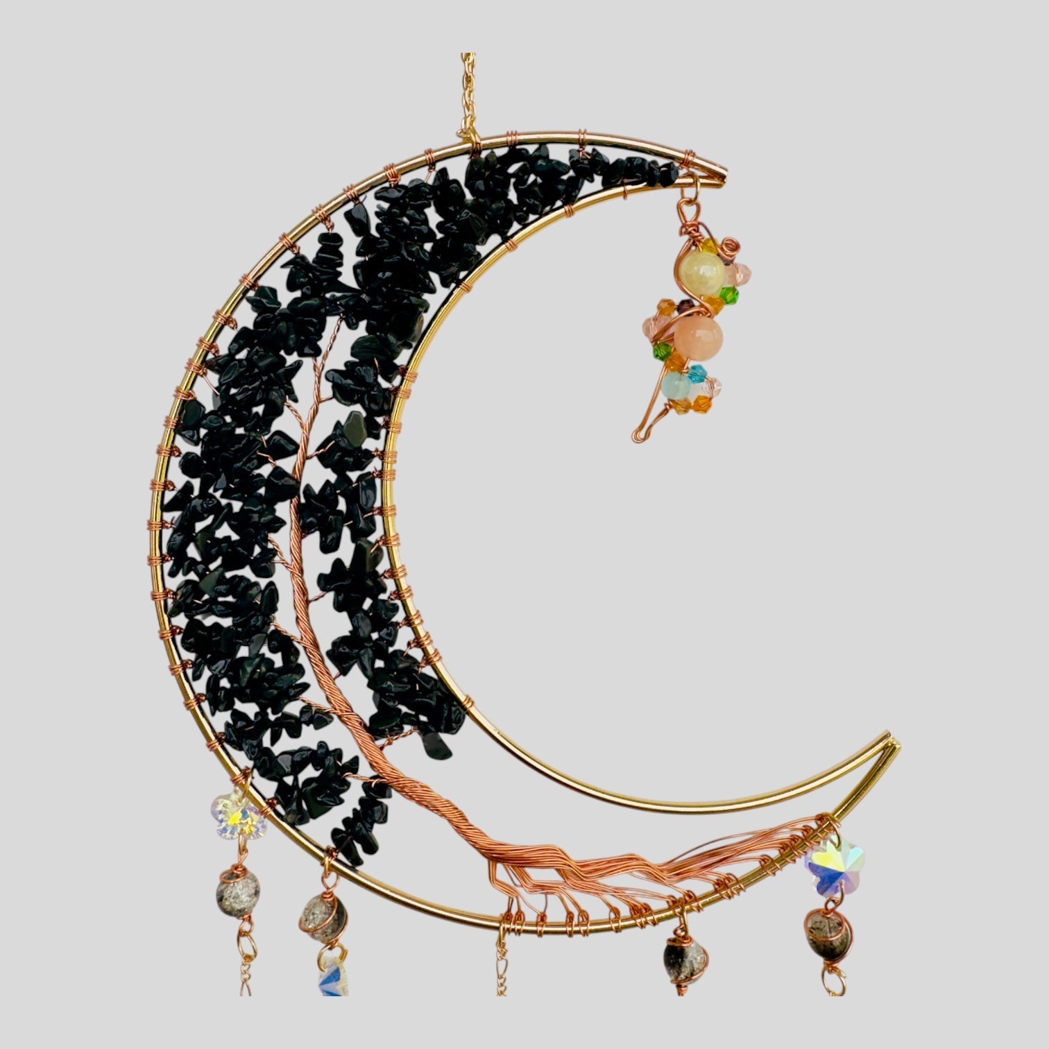 Gold Metal Crescent Moon Dreamcatcher Suncatcher with Black Obsidian Stone Tree of Life & Hanging Jewel Charms - Dark M1ndz