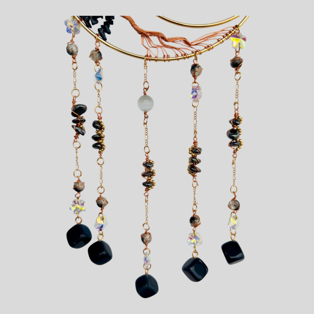Gold Metal Crescent Moon Dreamcatcher Suncatcher with Black Obsidian Stone Tree of Life & Hanging Jewel Charms - Dark M1ndz