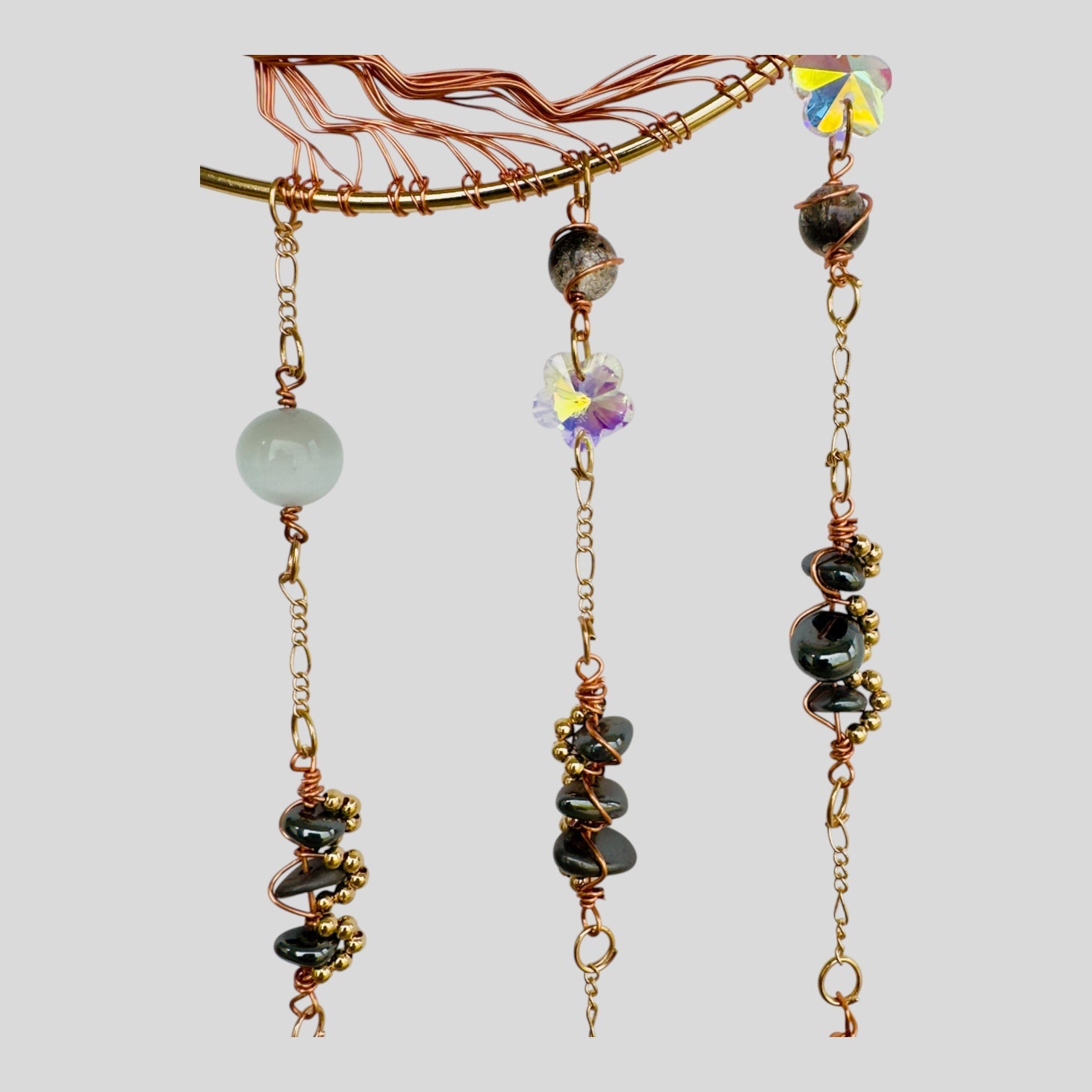 Gold Metal Crescent Moon Dreamcatcher Suncatcher with Black Obsidian Stone Tree of Life & Hanging Jewel Charms - Dark M1ndz